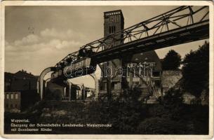 1937 Wuppertal, Übergang der Schwebebahn Landstrecke, Wasserstrecke mit Sonnborner Kirche / suspension railway, train + "Luftpost befördert Briefe Zeitungen paket+