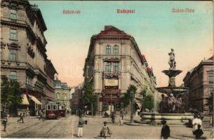 1911 Budapest VIII. Kálvin tér, kispesti villamos, Magyar Lámpagyár üzlete, szökőkút (EK)