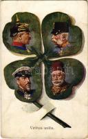 Első világháborús propaganda lap a Központi Hatalmak uralkodóival és zászlókkal: V. Mehmed, I. Ferdinánd, II. Vilmos, Ferenc József / WWI Austro-Hungarian K.u.K. military Viribus Unitis and Central Powers propaganda: Mehmed V, Ferdinand I of Bulgaria, Wilhelm II, Franz Joseph I of Austria. O.K.W. 4024. (fl)