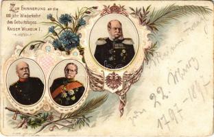 1797-1897 Zur Erinnerung an die 100 jähr. Wiederkehr des Geburtstages Kaiser Wilhelm I / I. Vilmos német császár születésének 100. évfordulója / 100th anniversary of the birth of William I, German Emperor. Art Nouveau, floral, litho (EK)