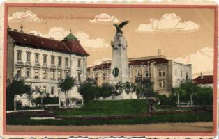 Győr Honvédliget Szabadság-szobor a pályaudvar épületével