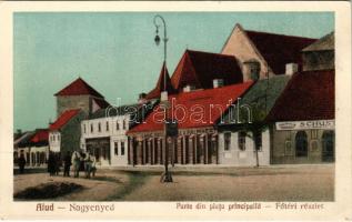 Nagyenyed, Aiud; Fő tér, Lang, Rosenthal & Palmhert üzlete, Schust. gyógyszertár / piata principalla / square, shops, pharmacy