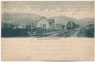 1905 Olthídi kitérő (Nagytalmács), vasútállomás, gőzmozdony, vonat. Jos. Drotleff / Station Altbrücke (Talmesch) / Gara Podu Olt (Talmaciu) / railway station, locomotive, train