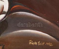 Finta Edit (1945 - ): Kétes egyensúly. Olaj, vászon, jelezve jobbra lent, hátoldalán autográf felira...