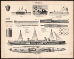 cca 1900 Torpedók, nyomat, Pallas Nagy Lexikona, Bp., Posner-ny., 24x30 cm