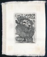 Tempinszky István (1907-1979): Jámbor Gyula ex libris, rézkarc nyomán textilre készült nyomat, 8×6 cm