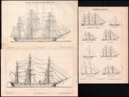 cca 1900 Vegyes vitorláshajókat ábrázoló régi illusztráció, 4 db nyomat, Pallas Nagy Lexikona, Bp., Posner-ny., közte kissé foltos, 30x24 cm és 15x23 cm