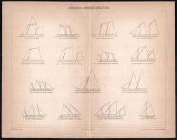 cca 1900 Vegyes vitorláshajókat ábrázoló régi illusztráció, 4 db nyomat, Pallas Nagy Lexikona, Bp., ...