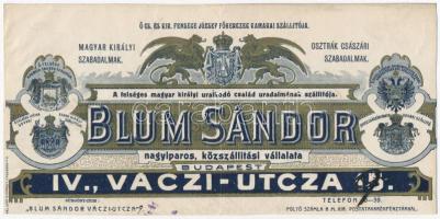 1897 Bp., Blum Sándor nagyiparos díszes fejléces számlájának fejléces, kartonra ragasztva