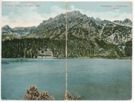 1914 Tátra, Magas-Tátra, Vysoké Tatry; Poprádi-tó. 2-részes kihajtható panorámalap. Divald Károly műintézete 1963-1908. / Popradske pleso - 2-tiled folding panoramacard (hajtásnál szakadt / torn at fold)