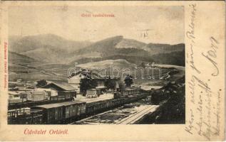 1906 Orló, Orlov; vasútállomás, vonat, gőzmozdony. Edelmann Henrik kiadása / railway station, locomotive, train (ázott / wet damage)