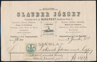 1892 Bp., Glauber József cukor-, kávé-, fűszer- stb. kereskedése fejléces számlájának fejléces, 5 kr okmánybélyeggel