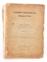 Rejtő Sándor: A papiros tartósságának megállapítása. 32 darab a szöveg közé nyomott ábrával és a papiros használhatóságát jelző mintagyűjteménnyel. Bp., 1907, Pesti Könyvnyomda Rt. Második kiadás. (Benne papírmintákkal: Kolba Mihály Fiai Diósgyőri Papírgyára, Szénásy Béla, Hermaneczi Papírgyár Rt., stb.) Kiadói papírkötés, sérült, szétesett állapotban, helyenként foltos.