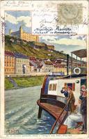 Pozsony, Pressburg, Bratislava; Megérkezés Pozsonyba, vár, gőzhajó / Ankunft in Pressburg / castle, steamship. Durck u. Verlag v. Aug. Denk Nr. 87. s: F. Witt (EB)