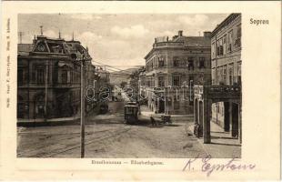 1904 Sopron, Erzsébet utca, villamos. Stagl F. fényképész, Blum N. kiadása