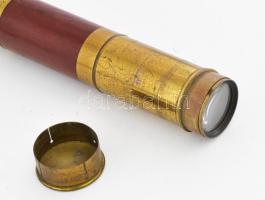 Régi tengerész távcső, kopásnyomokkal, fa, réz, Kihúzható 58 cm
