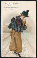 cca 1900-1910 Holzer Simon Női Ruhák Áruháza litho reklámkártya, 14×9 cm