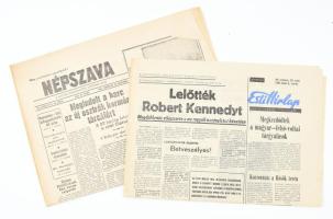 1968 Esti Hírlap XIII. évf. 131. sz., 1968. jún. 5., a címlapon: "Lelőtték Robert Kennedyt - Megdöbbenés világszerte a ma reggeli merényletet követően" + 1964 Népszava 92. évf. 44. sz., 1964. febr. 22., a címlapon a Ruby-per tárgyalásának hírei