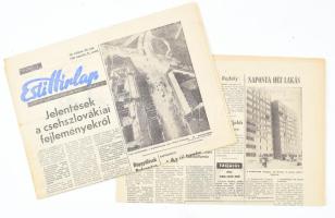 1968 Az Esti Hírlap 2 db száma, XIII. évf. 197. és 198. sz., 1968. aug. 22-23., mindkettő címlapján a csehszlovákiai forradalom híreivel