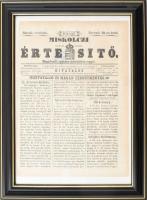 1866 Miskolczi Értesítő VI. évf. 48. számának címlapja, 1866. nov. 29., rajta előérvénytelenített 1kr hírlapilleték bélyeggel. Üvegezett keretben, külső méret: 35x26 cm