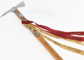 Régi német túrabot, ritkább botjelvényekkel és díszekkel, h: 86 cm