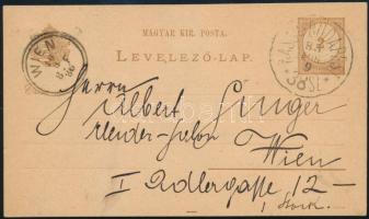 1886 2kr díjjegyes levelezőlap KASSA-BUDAPEST vasúti mozgóposta bélyegzéssel