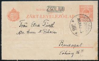 1904 10f díjjegyes zárt levelezőlap "RAJECZ-ZSOLNA" vasúti mozgóposta bélyegzéssel