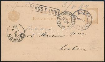 1890 2kr díjjegyes levelezőlap BARCS pályaudvari bélyegzéssel