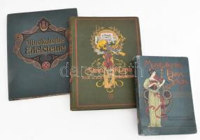 3 db régi, német nyelvű zenei könyv (kottákkal): Musikalischer Hausschatz der Deutschen. Eine Sammlung von über 1100 Liedern und Gesängen mit Singweisen und Klavierbegleitung. Leipzig, 1901, Adolph Schumann, VII+(1)+941 p. Kiadói aranyozott, festett egészvászon-kötés, kissé viseltes borítóval, helyenként kissé foltos, kijáró lapokkal. + Sang und Klang im XIX. u. XX. Jahrhundert: Ernstes und Heiteres aus dem Reiche der Töne. Berlin, é.n., Neufeld und Henius, XIV+384+(8) p. Kiadói aranyozott, festett egészvászon-kötés, kissé foltos borítóval, belül nagyrészt jó állapotban. + Musikalische Edelsteine Band IV. Hamburg, é.n., Anton J. Benjamin, 214+(2) p. Kiadói aranyozott, festett egészvászon-kötés, néhány sérült lappal.