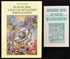 Gazda István: Kuriózumok a magyar művelődés történetéből. Tudósnaptár. Bp., 1990, Kossuth. Kiadói kartonált papírkötés. + Nemeskürty István: Kis magyar művelődéstörténet. 1000-1945. Bp., 1992, Pannon Könyvkiadó. Kiadói papírkötés, tulajdonosi névbejegyzéssel.