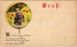 Gruß! Wer zierlich spottet, freundlich lacht... / Geisha art postcard, litho (EK)