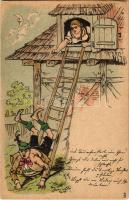 Tyrolean folklore art postcard, humour. litho (EK)