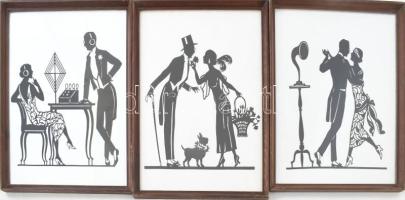 3 db art deco stílusú árnykép. Nyomat, papír. Jelzés nélkül. Üvegezett fakeretben, 35x27 cm