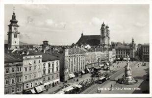 Linz Adolf Hitler square with trams, Buffet, Café and the shops of Kraus Schöber, Max Christ