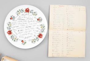 1990 Kalocsai mintás tányér, az Igazgatói Club tagjainak aláírásával, d: 24 cm