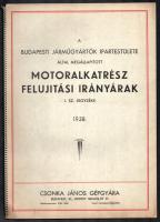 1938 Csonka János Gépgyára A Budapesti Járműgyártók Ipartestülete által megállapított motoralkatrész felújítási irányárak I. sz. jegyzéke. 1938. Bp., 1938, Csonka János Gépgyára,(Krausz J. és Társa-ny.), 21 p. Kiadói spirálkötésben, kissé kopott borítóval.