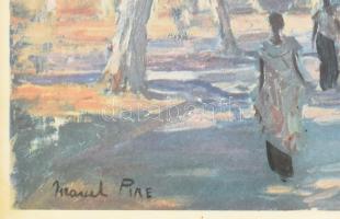 Dekoratív, üvegezett fa képkeret, Marcel Pire (1913-1981) nyomattal, belső méret: 21x25,8 cm