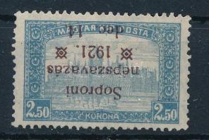 Nyugat-Magyarország VIII. 1921 Parlament 2,50K fordított felülnyomással, Bodor vizsgálójellel