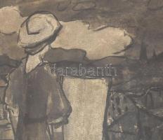 E. L. 906 jelzéssel (Ernst Liebermann?): Női alak tájban. Tus, papír. Üvegezett, sérült fakeretben. ...