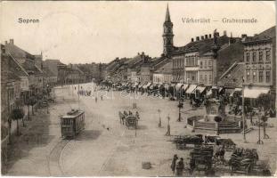 1915 Sopron, Várkerület, villamos, piac, Lang Frigyes üzlete. Blum Náthán és Fia kiadása (EK)