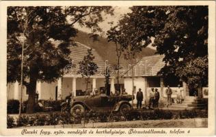 1928 Recsk, a recski fogyasztási szövetkezet vendéglője és kerthelyisége, étterem kertje, bérautóállomás, automobil (EK)