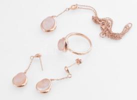 Ezüst(Ag) ékszerszett rózsakvarccal, gyűrű, fülbevalópár, nyaklánc, jelzett, méret: 54, bruttó: 12,3 g