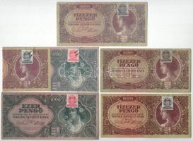 1945. 1000P + 10.000P (2x) + 2db fénymásolt példány, melyen az eredeti bankjegyeken lévő bélyegek lemezhibáit szemléltetik T:F