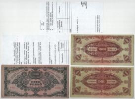 1945. 1000P + 10.000P (2x) + 2db fénymásolt példány, melyen az eredeti bankjegyeken lévő bélyegek le...