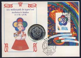 Szovjetunió 1985. 1R "12. Ifjúsági Világtalálkozó Moszkvában" érmés, bélyeges borítékon, bélyegblokkal, alkalmi bélyegzőkkel T:PP