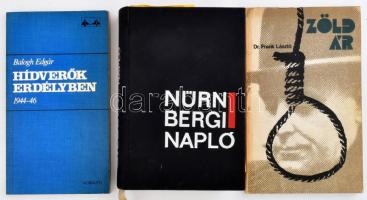 Vegyes könyvtétel, 3 db:   G. M. Gilbert: Nürnbergi napló. Bp., 1967, Magvető. Kiadói egészvászon-kötés, benne újságkivágásokkal.   Balogh Edgár: Hídverők Erdélyben 1944-46. Bp., 1985, Kossuth. Kiadói papírkötés.;   Frank László: Zöld ár. Bp., 1985, Zrínyi. Kiadói papírkötés.;