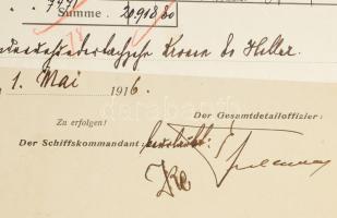 1916 S. M. Schiff Alpha hajó fedélzetén kiállított kimutatás 13 torpedóhajónak juttatott pénzösszege...