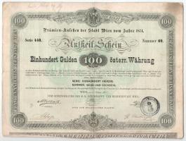 Ausztria / Bécs 1874. "Bécs város 1874. évi prémium kötvénye" kötvény 100G-ről, bélyegzésekkel T:F folt Austria / Vienna 1874. "Premium bond of the City Vienna in 1874" bond about 100 Gulden with cancellations C:F spot