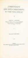 Andrews, Samuel J: Christianity and Anti-christianity in their Final Conflict. Bécs-Pest-Lipcse, 1870, A. Hartleben. Átdolgozott és népszerű kiadás. Angol nyelven. Fekete-fehér képekkel illusztrált. Kiadói aranyozott gerincű egészvászon kötésben, kissé kopott borítóval és gerinccel, sérült kötéssel.