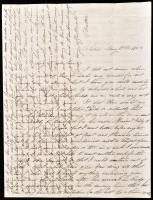 1852 Egykorú különvélemény Kossuth Lajos politikai karakteréről, az amerikai Kossuth-láz idején. Angol nyelvű magánlevél két amerikai patrióta hölgy között, Kossuth Lajos amerikai körútjának hetekkel korábbi részleteiről, illetve napokon belül várható látogatásáról a Massachusetts állambeli Salemben, a levélíró hölgy lakhelyén. Kelt: Salem, Massachusetts, USA, 1852. május 3. Négy sűrűn teleírt oldal. Jó állapotú, olvasható levél, eredeti, megcímezett és bélyegzett borítékkal. Érdekes kordokumentum. / 1852 English language letter about Lajos Kossuth Hungarian politician and statesman, between two patriotic American ladies, regarding Kossuth's tour of the United States and his upcoming visit to Salem, Massachusetts. Four pages in total, in good condition, with original envelope.